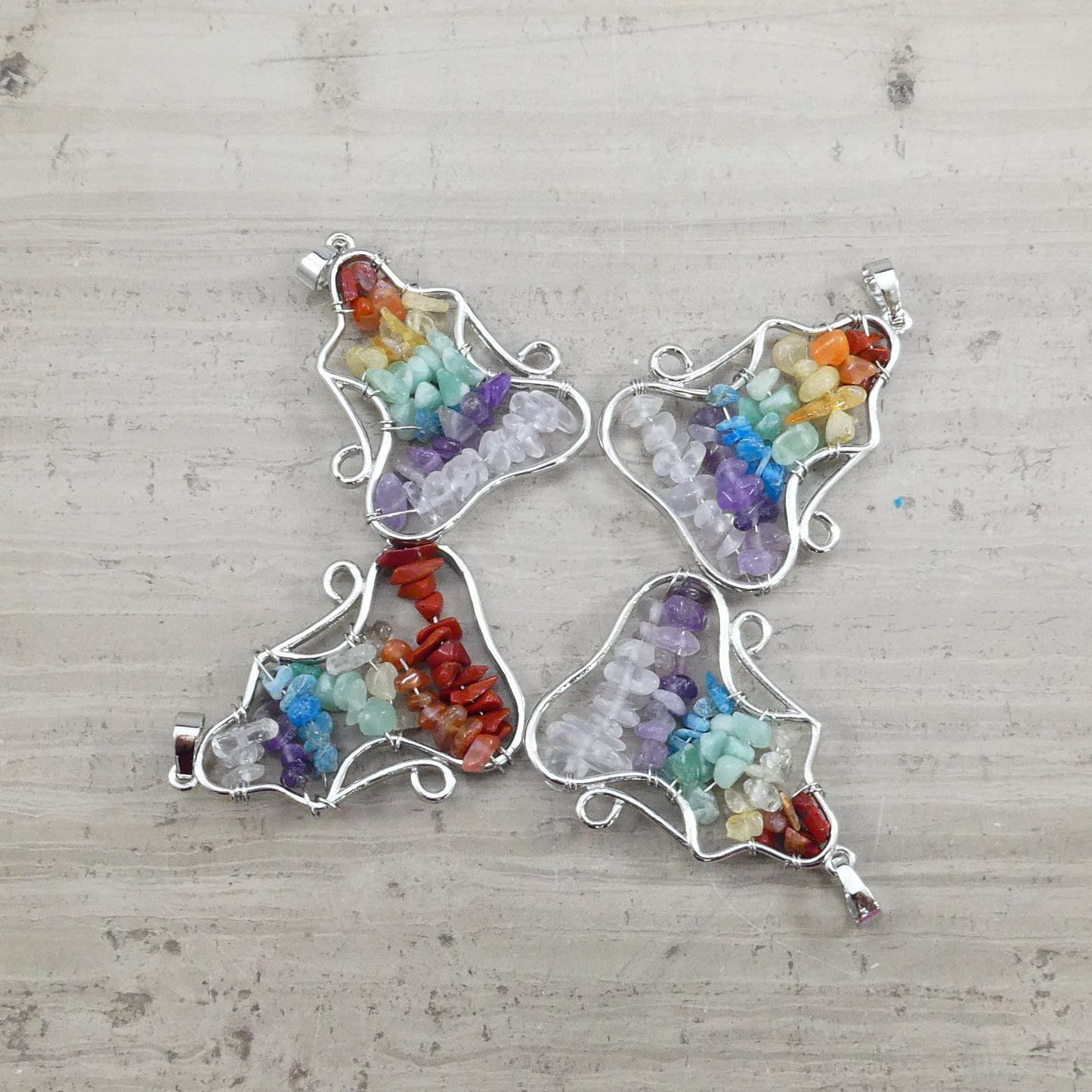 7 Chakra / Seven stones, Buddha Yoga Meditation Silver Plated Wire Wrapped Natural Crystal Gemstone Pendant (1pc)