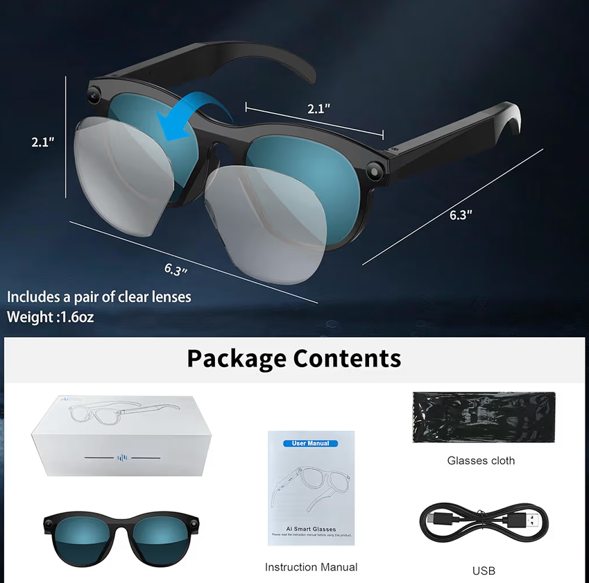 Smart Glasses with Camera,Bluetooth AI Sunglasses,Translation/Voice Control/Music Play for Travel, Conferences & Vlogging Unisex