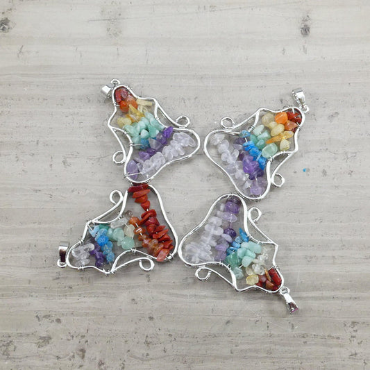 7 Chakra / Seven stones, Buddha Yoga Meditation Silver Plated Wire Wrapped Natural Crystal Gemstone Pendant (1pc)